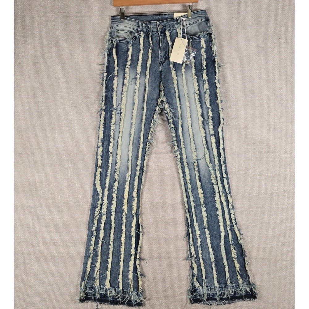 MNML X641 Stacked Ultra Rip Lined Denim Jeans Blue Distressed Fringe 32x36